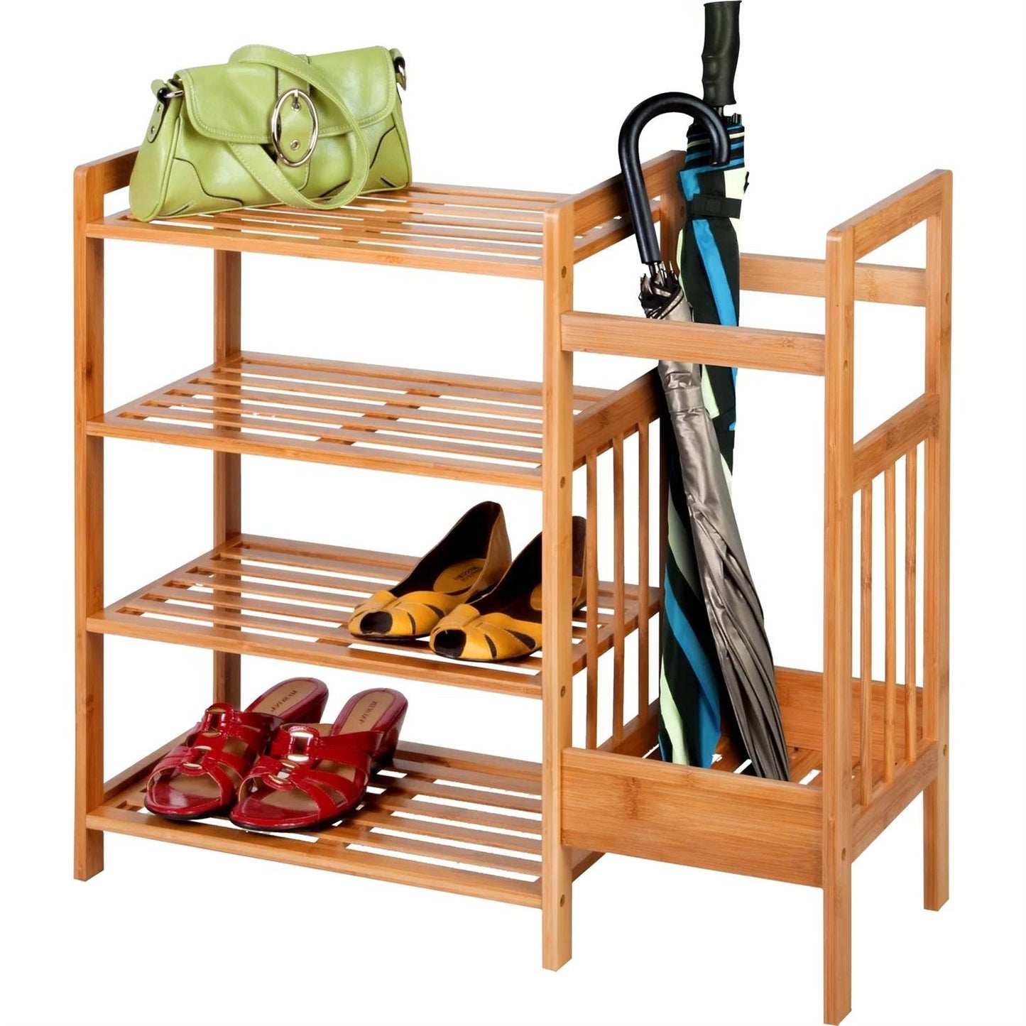 Estante para zapatos de entrada de 2 niveles con banco con marco de metal negro y tapa de madera marrón; estante de bambú para zapatos de 4 niveles 2 en 1 para entrada con soporte para paraguas