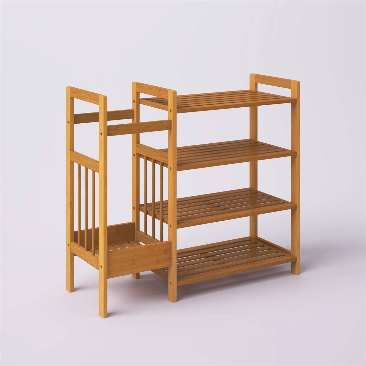 Estante para zapatos de entrada de 2 niveles con banco con marco de metal negro y tapa de madera marrón; estante de bambú para zapatos de 4 niveles 2 en 1 para entrada con soporte para paraguas