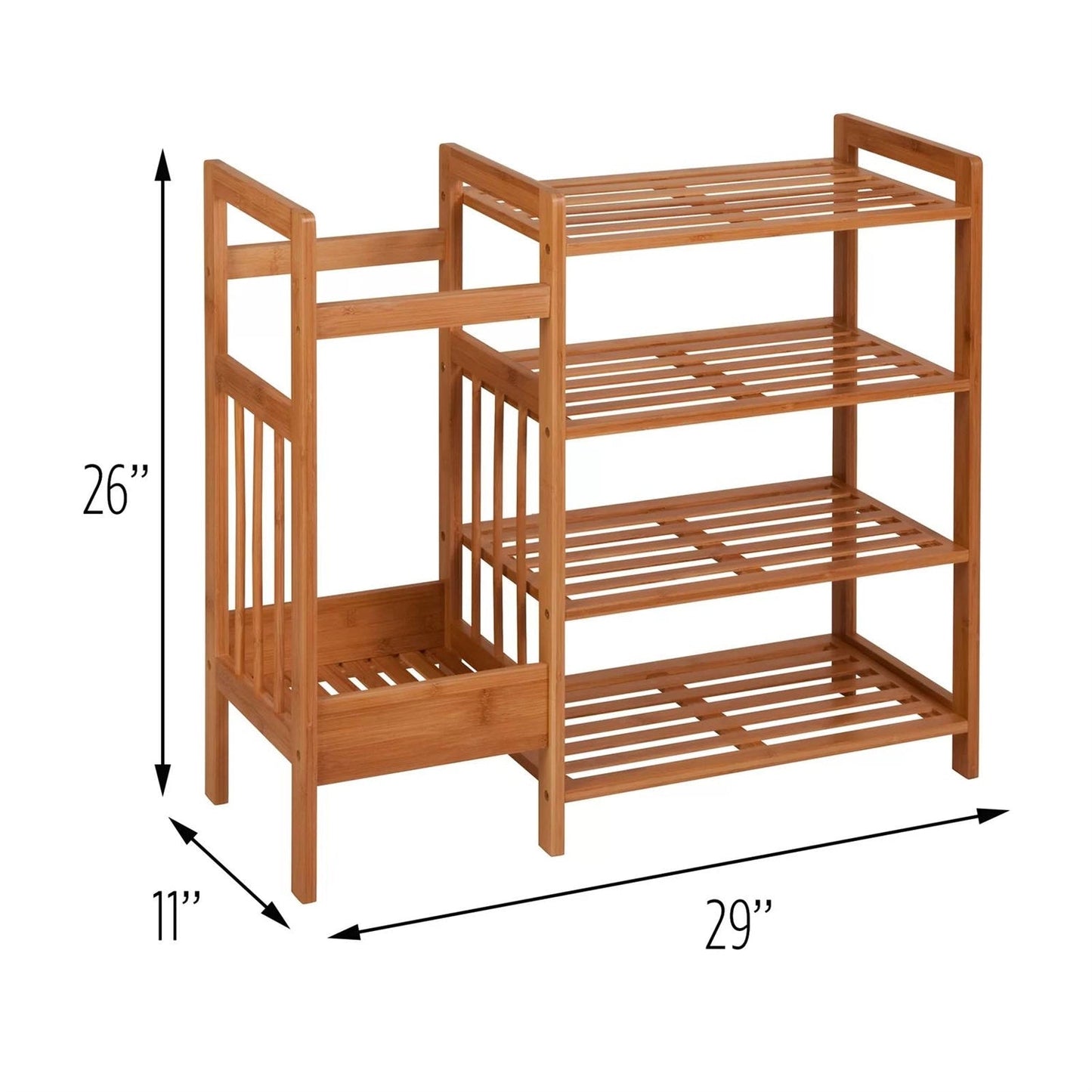 Estante para zapatos de entrada de 2 niveles con banco con marco de metal negro y tapa de madera marrón; estante de bambú para zapatos de 4 niveles 2 en 1 para entrada con soporte para paraguas