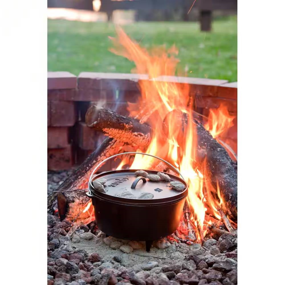 Horno holandés de hierro fundido de 8 cuartos con tapa y asa metálica, sazonado profundo