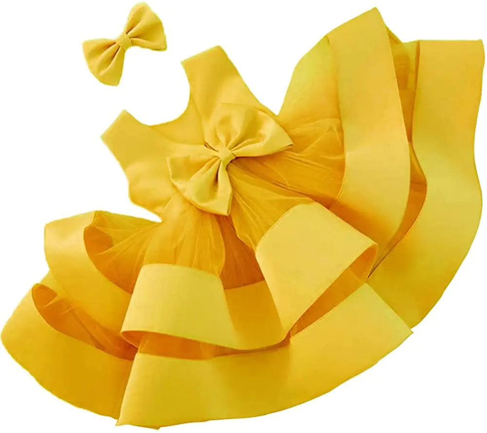 3M-6T Toddler Girl Bowknot Backless Tutu Gown Ruffle Lace Tulle Pageant Dress-Baby Party Dresses with Headwear Yellow 80 - # BAAA51110002