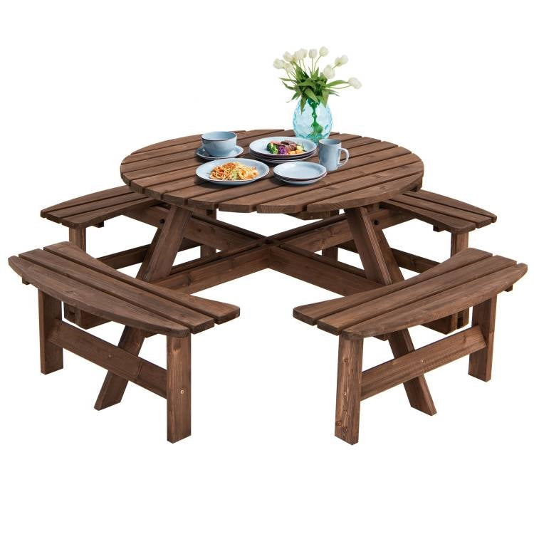 Mesa de pícnic redonda de madera maciza de exterior de 8 plazas con 4 bancos, conjunto de comedor para jardín o patio