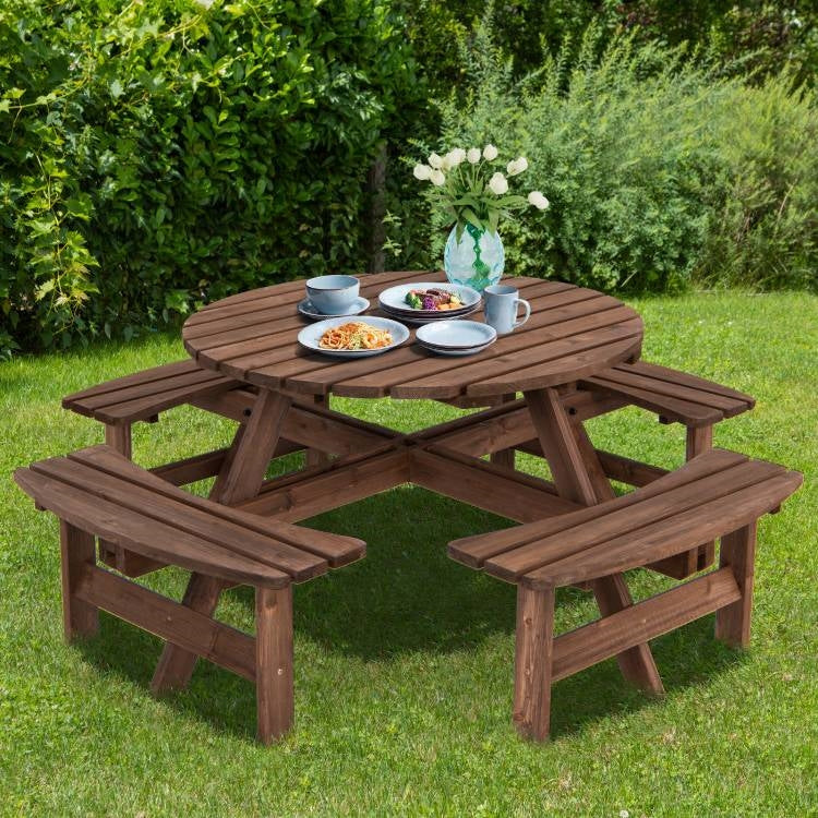 Mesa de pícnic redonda de madera maciza de exterior de 8 plazas con 4 bancos, conjunto de comedor para jardín o patio