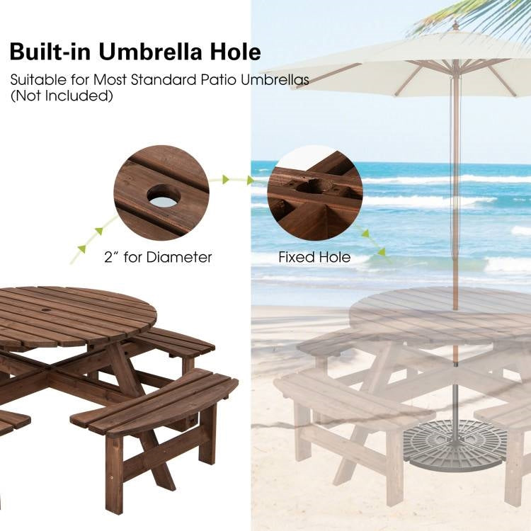 Mesa de pícnic redonda de madera maciza de exterior de 8 plazas con 4 bancos, conjunto de comedor para jardín o patio