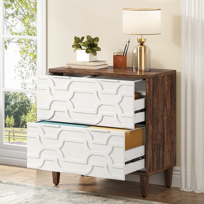Mueble archivador moderno de madera marrón/blanca con 2 cajones y soporte para impresora