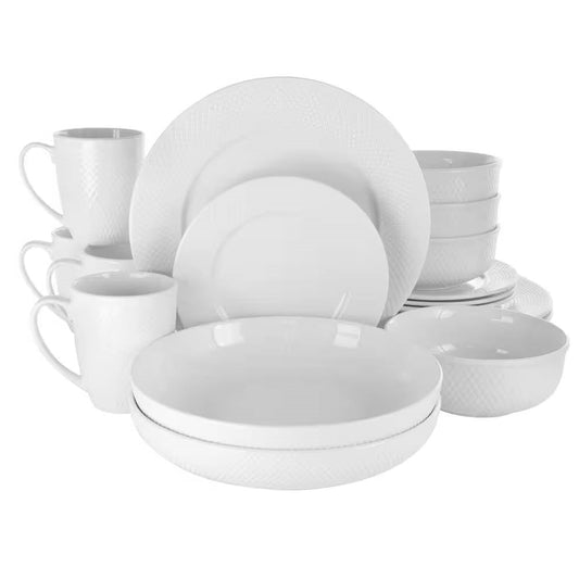 Vajilla de 18 piezas de porcelana blanca con platos, cuencos y tazas - Servicio para 4 personas
