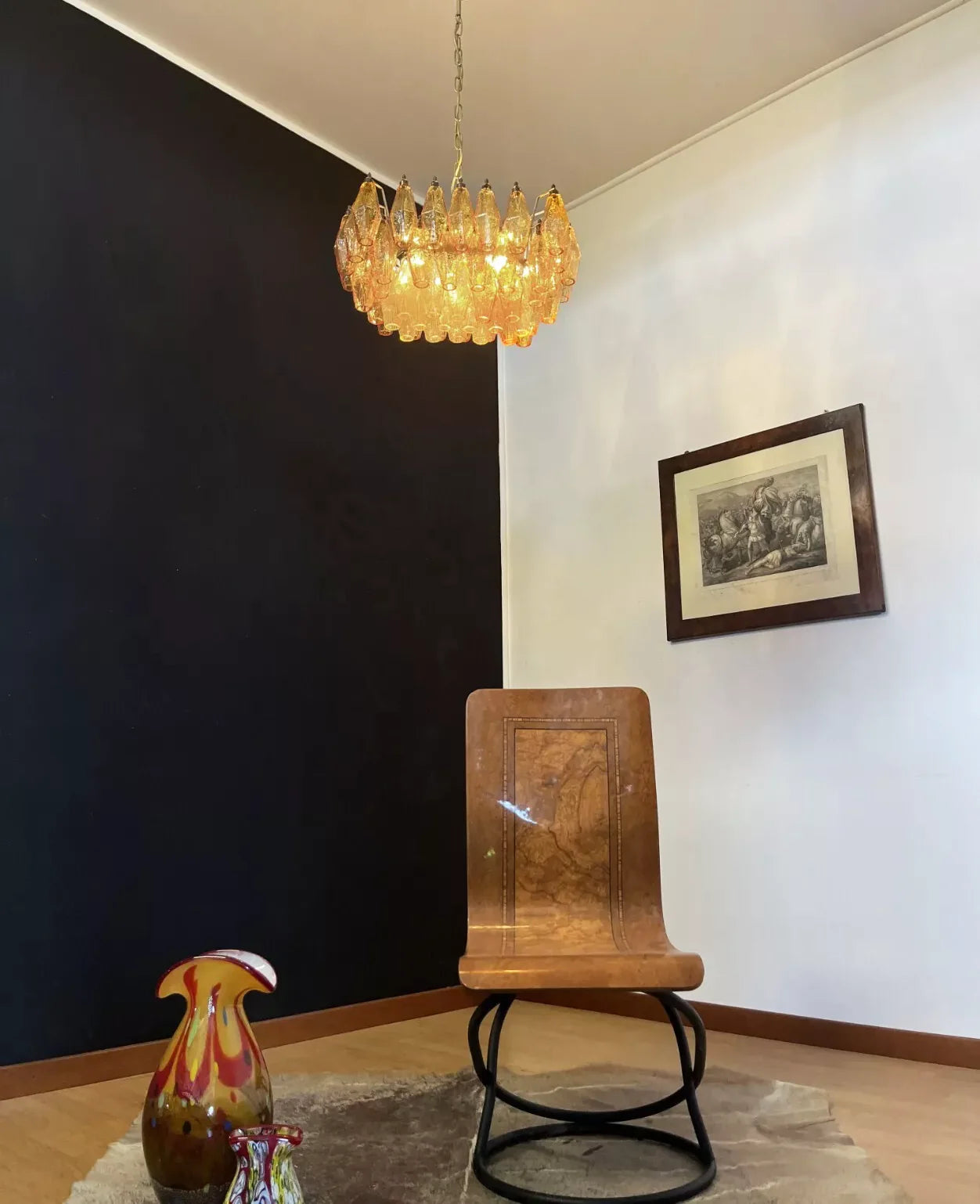 Lámpara de araña ámbar Poliedri Murano