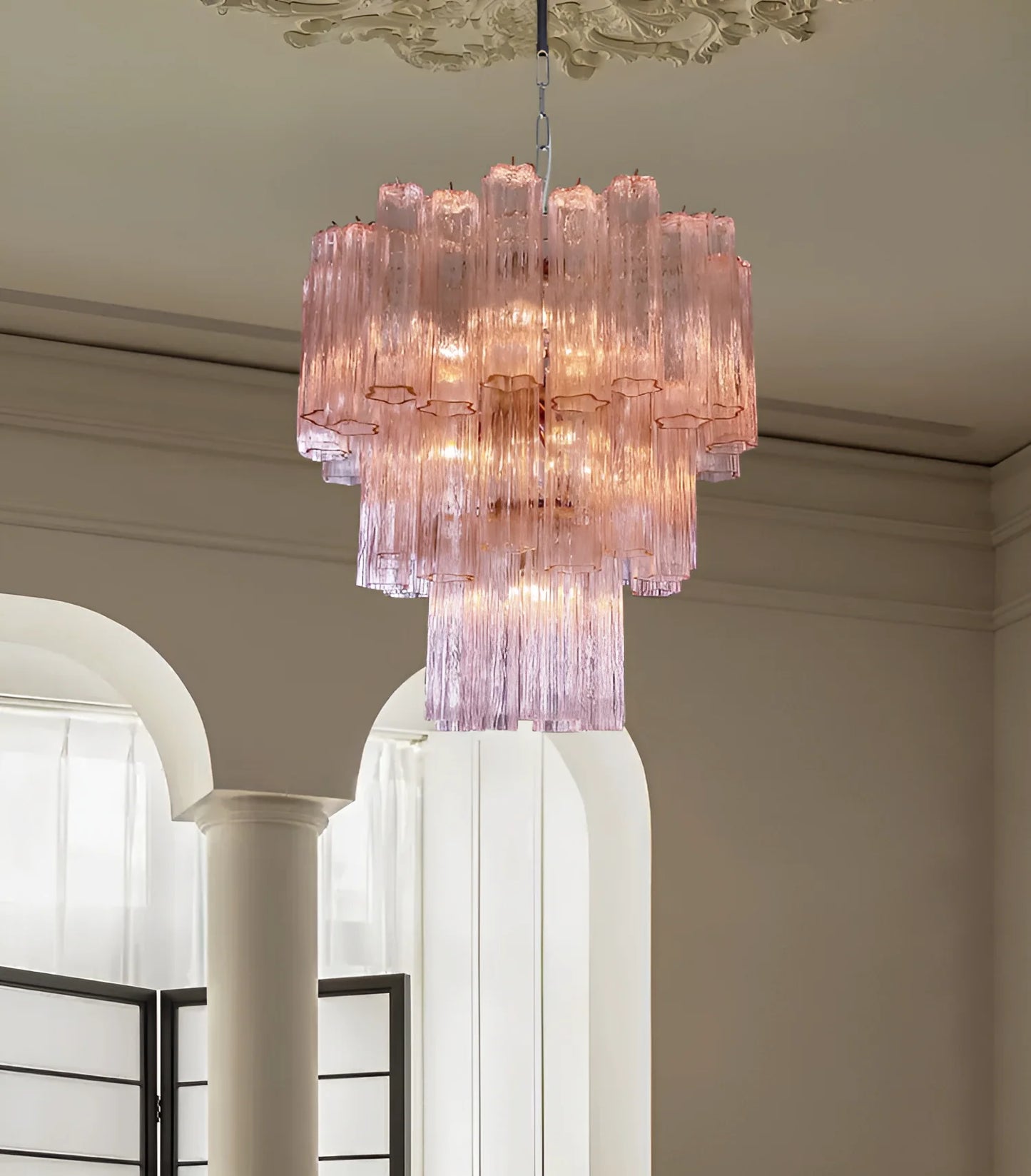 Araña Elegante de Tubos de Cristal de Murano Rosado