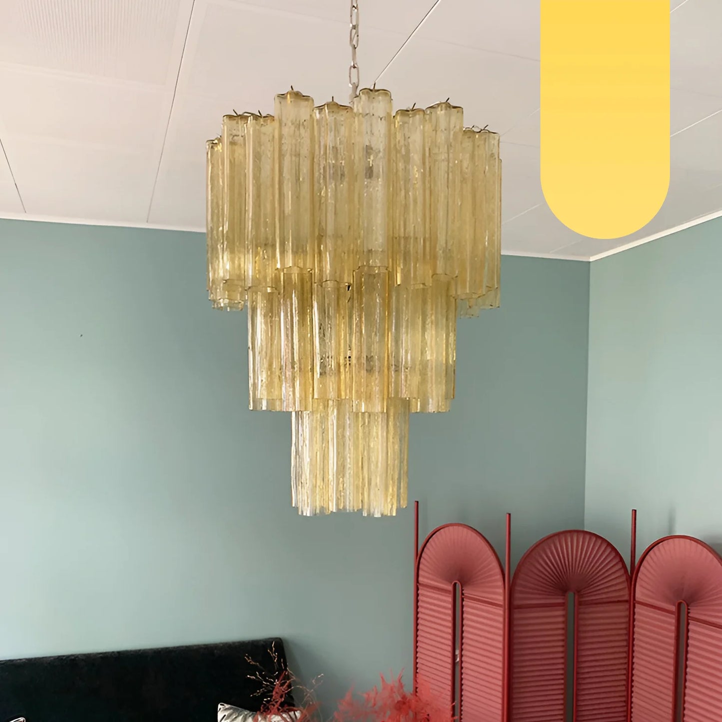 Elegante araña de tubo de cristal de Murano amarillo