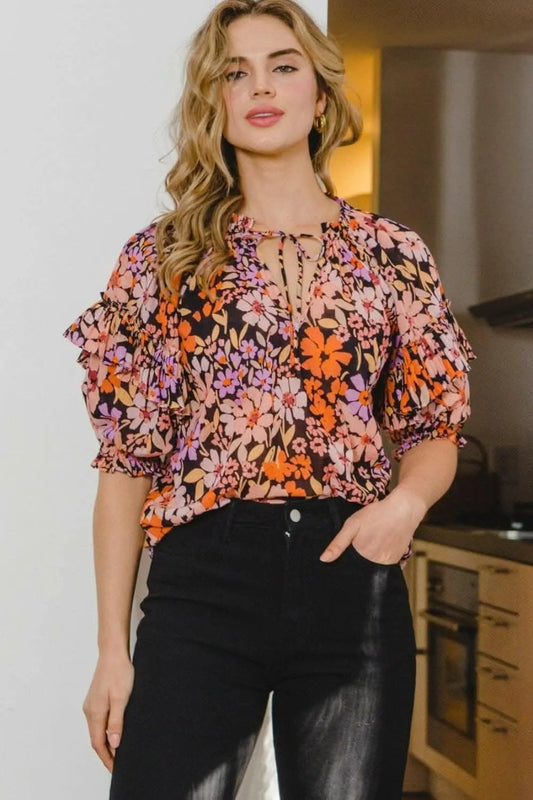 Accesorios Trendsi Blusa con volantes florales Elegante top de cuello con lazo para mujer - Ligero