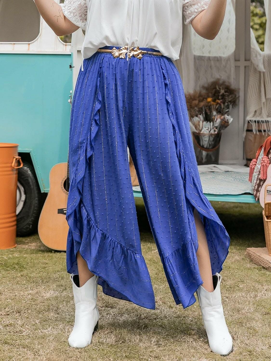 Trendsi plus - Elegant Swiss dot ruffle pants