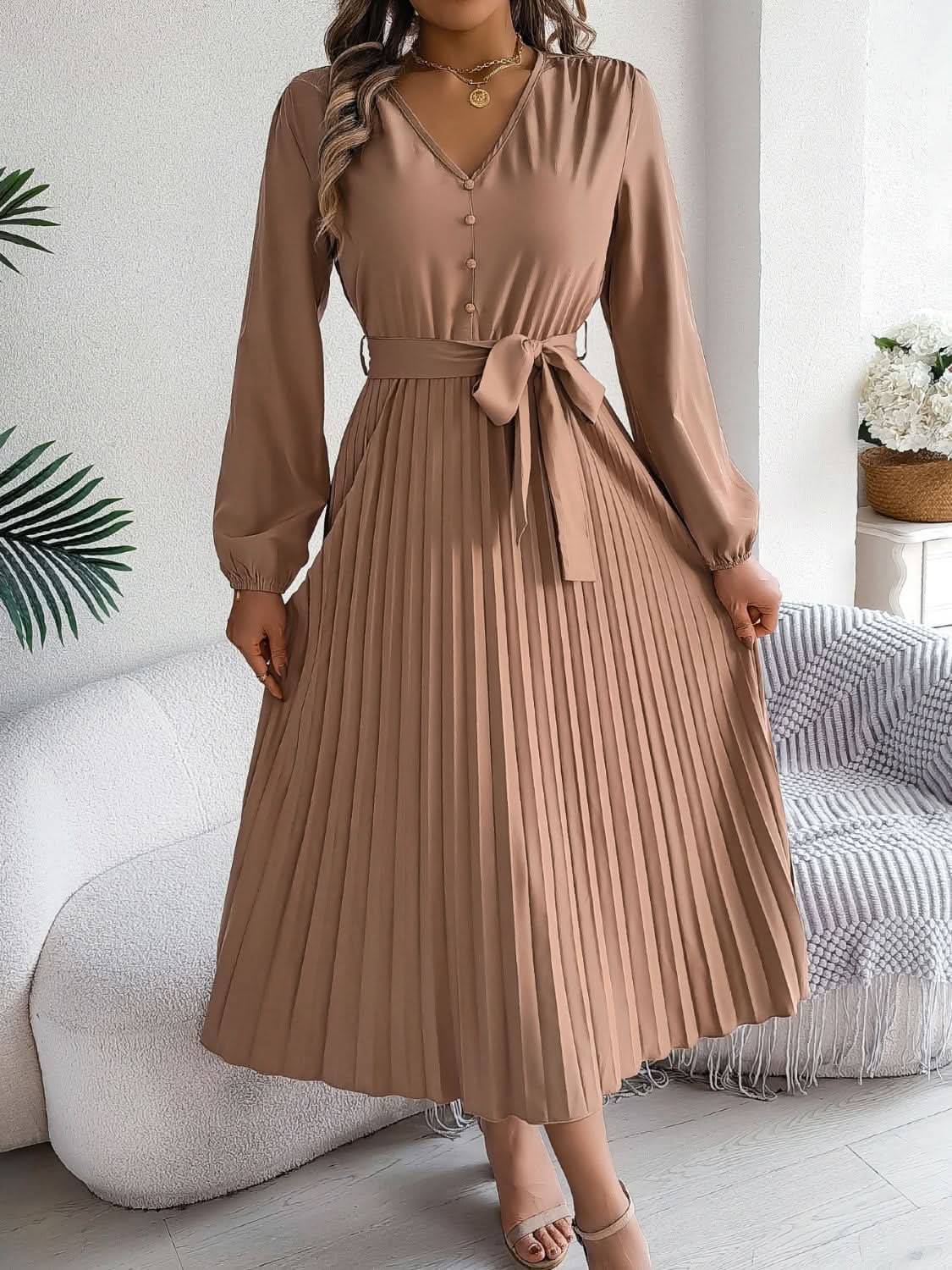Dresses Trendsi V-Neck Dress Women's Elegant Long Sleeve Sheer Tie Dress Fashion