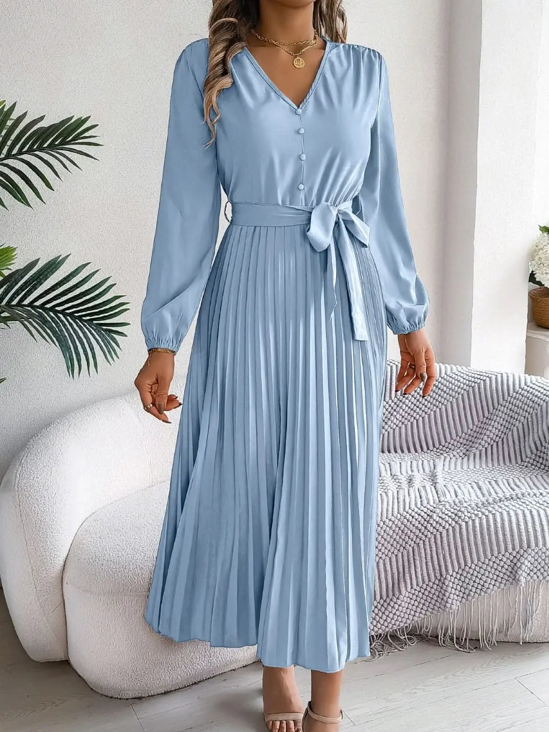 Dresses Trendsi V-Neck Dress Women's Elegant Long Sleeve Sheer Tie Dress Fashion