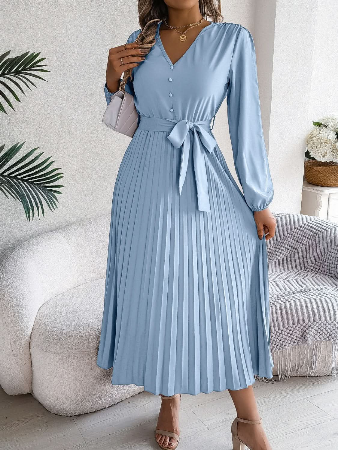 Dresses Trendsi V-Neck Dress Women's Elegant Long Sleeve Sheer Tie Dress Fashion