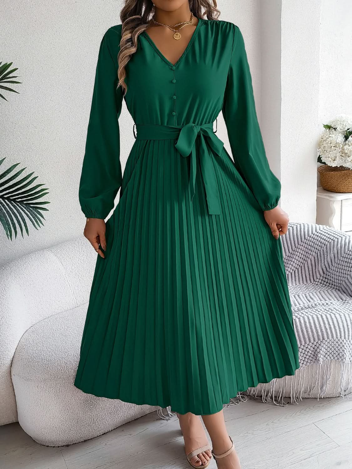 Dresses Trendsi V-Neck Dress Women's Elegant Long Sleeve Sheer Tie Dress Fashion