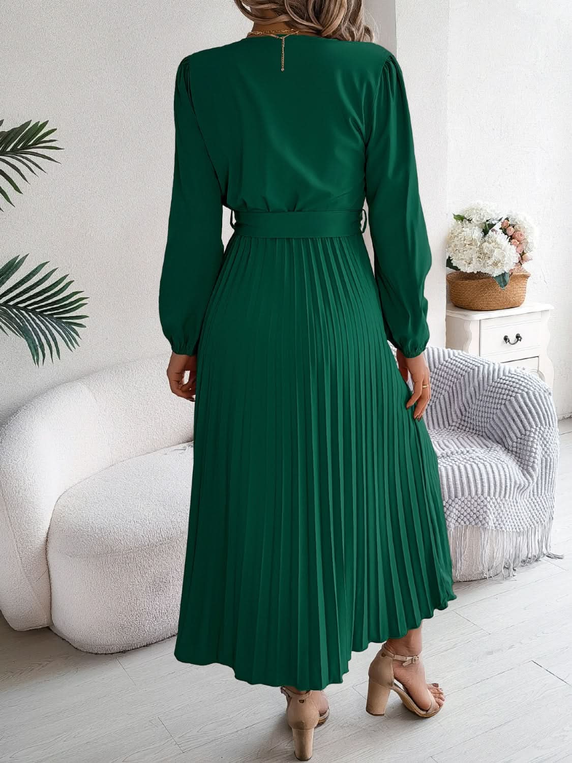 Dresses Trendsi V-Neck Dress Women's Elegant Long Sleeve Sheer Tie Dress Fashion