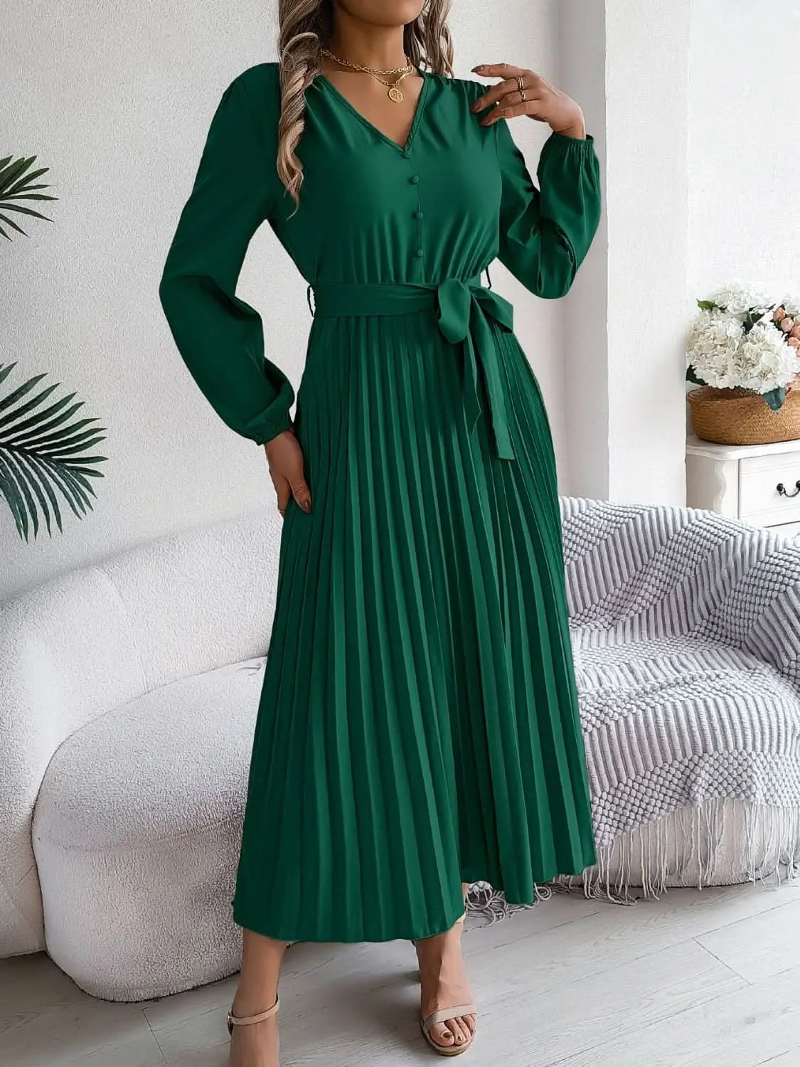 Dresses Trendsi V-Neck Dress Women's Elegant Long Sleeve Sheer Tie Dress Fashion