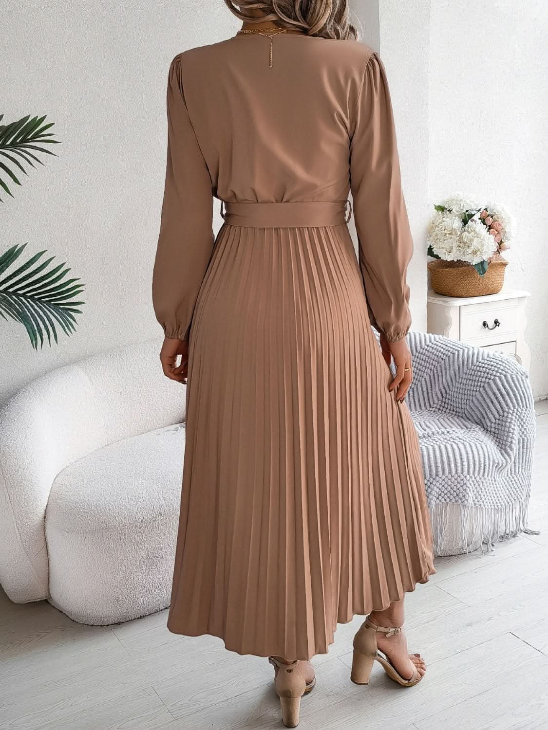 Dresses Trendsi V-Neck Dress Women's Elegant Long Sleeve Sheer Tie Dress Fashion