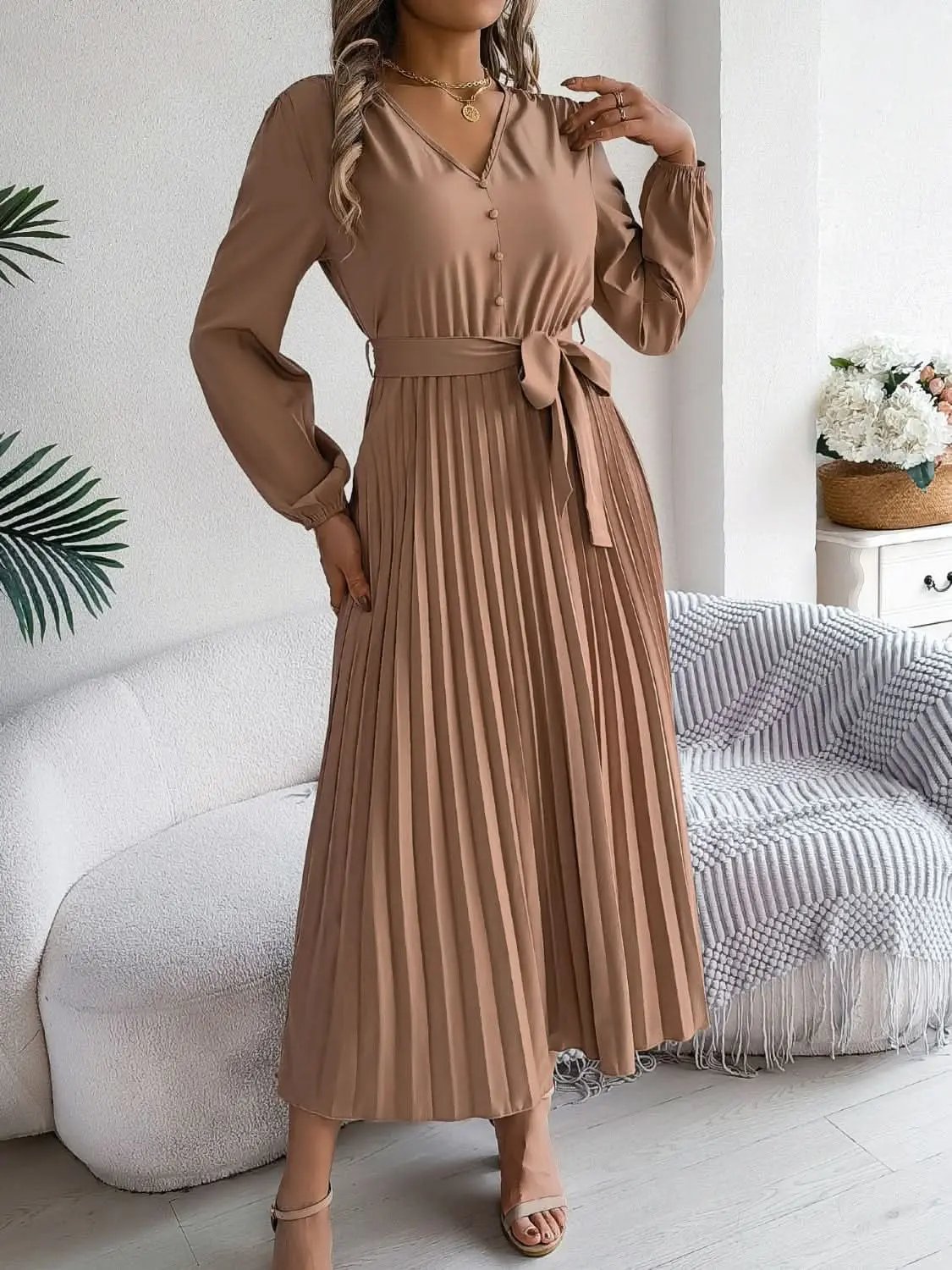 Dresses Trendsi V-Neck Dress Women's Elegant Long Sleeve Sheer Tie Dress Fashion