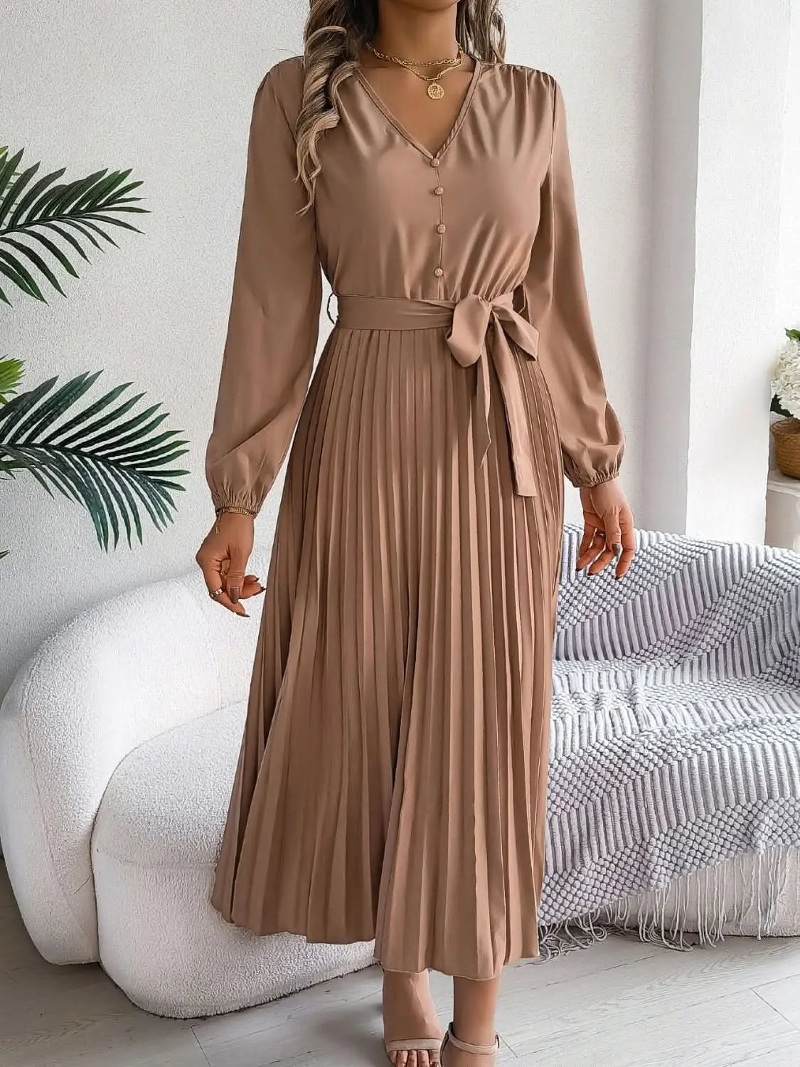 Dresses Trendsi V-Neck Dress Women's Elegant Long Sleeve Sheer Tie Dress Fashion