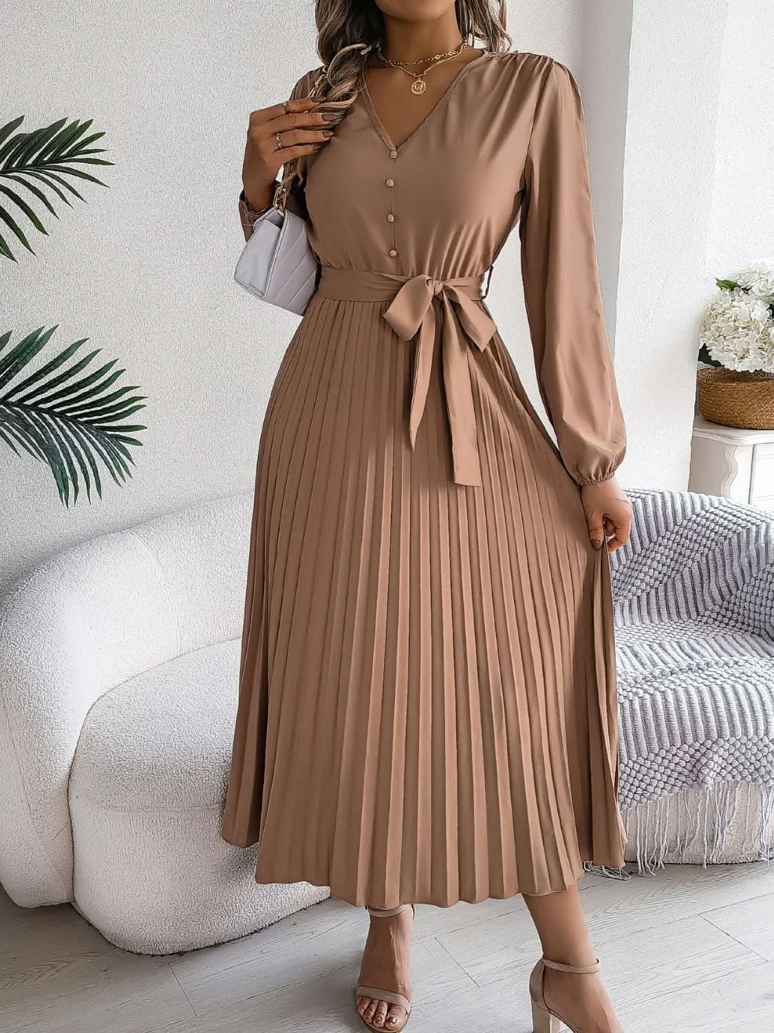 Dresses Trendsi V-Neck Dress Women's Elegant Long Sleeve Sheer Tie Dress Fashion