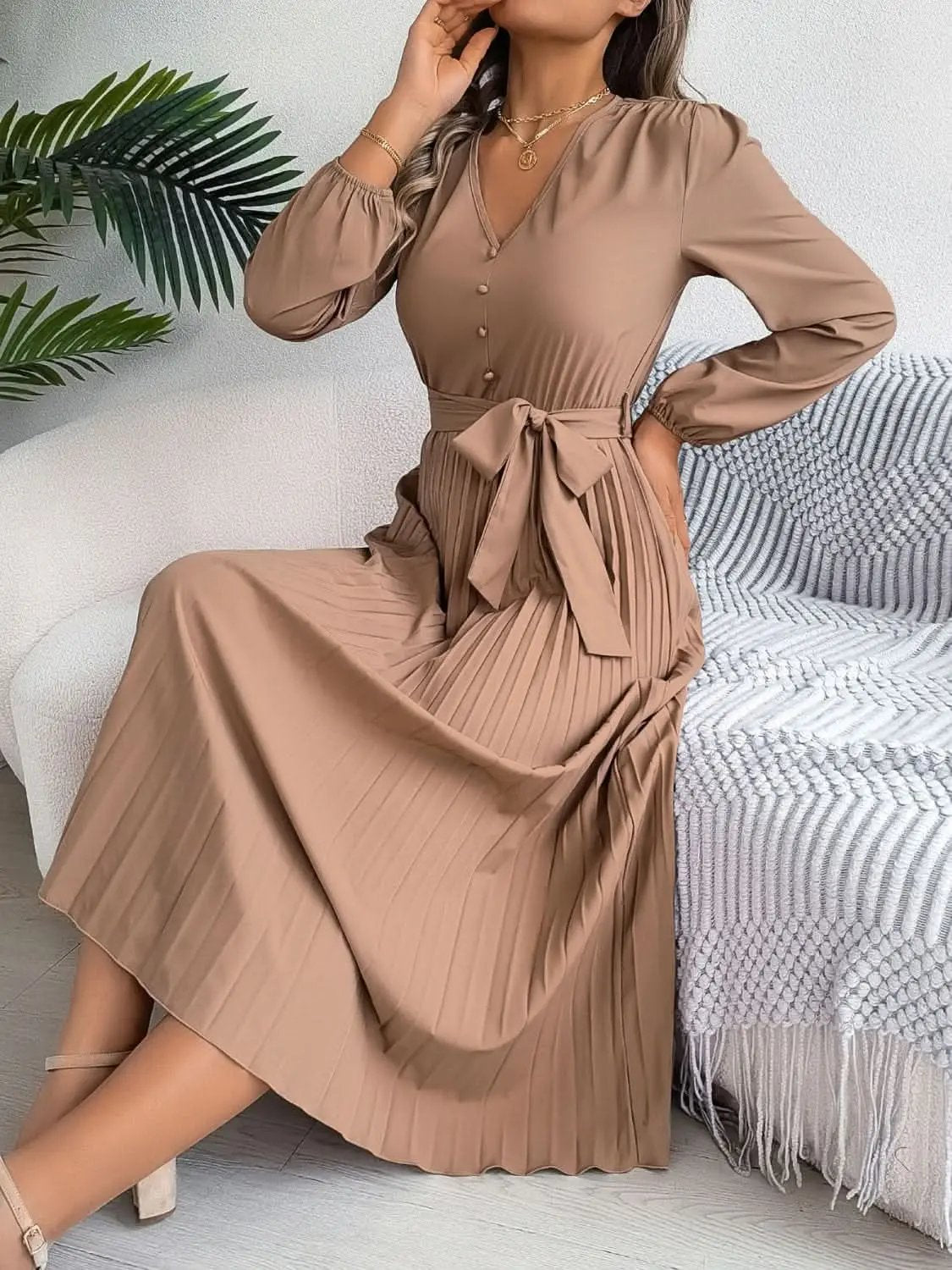 Dresses Trendsi V-Neck Dress Women's Elegant Long Sleeve Sheer Tie Dress Fashion