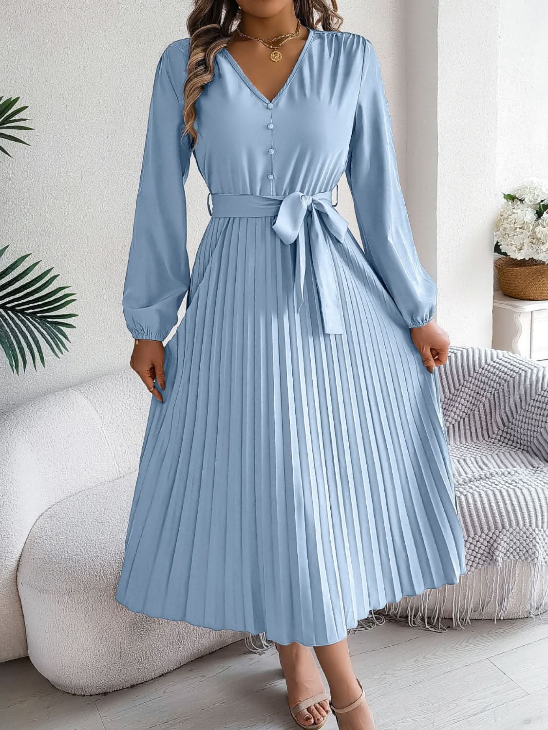 Dresses Trendsi V-Neck Dress Women's Elegant Long Sleeve Sheer Tie Dress Fashion