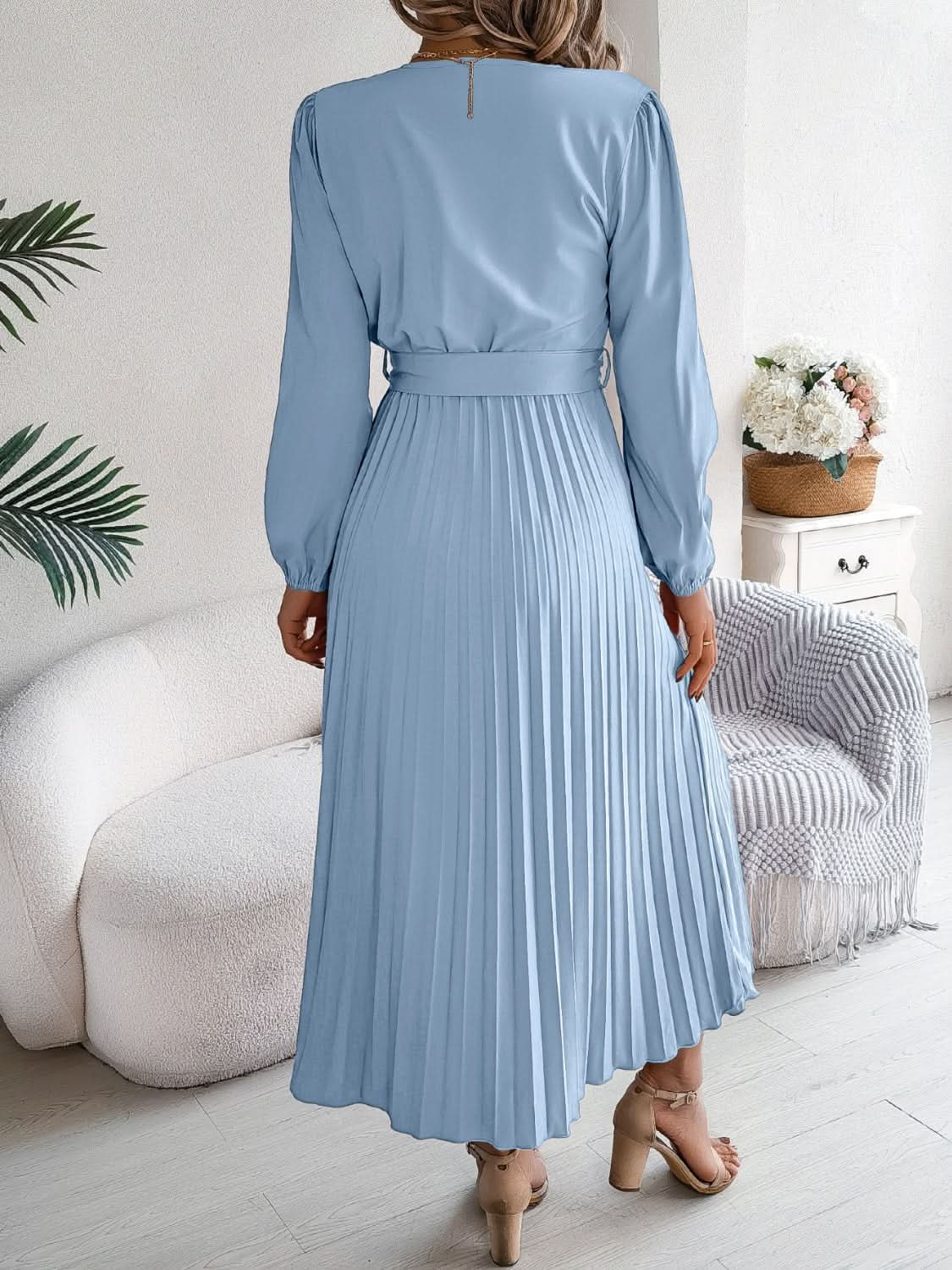 Dresses Trendsi V-Neck Dress Women's Elegant Long Sleeve Sheer Tie Dress Fashion