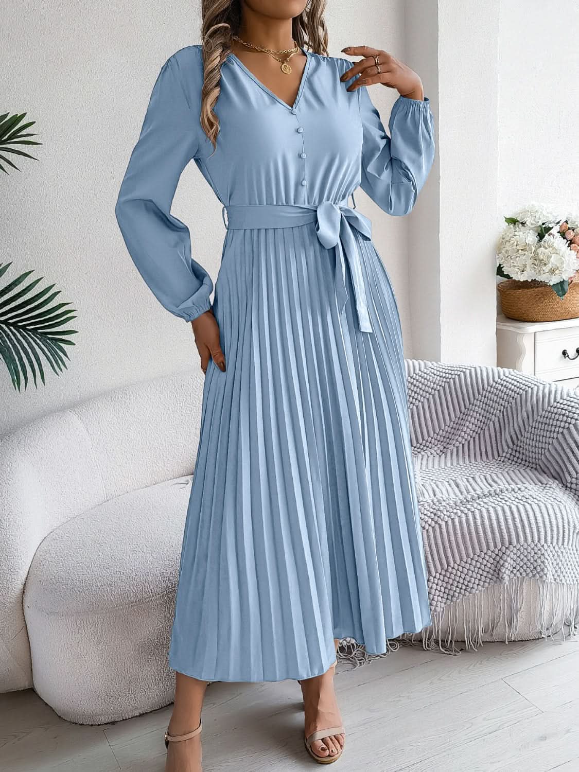 Dresses Trendsi V-Neck Dress Women's Elegant Long Sleeve Sheer Tie Dress Fashion