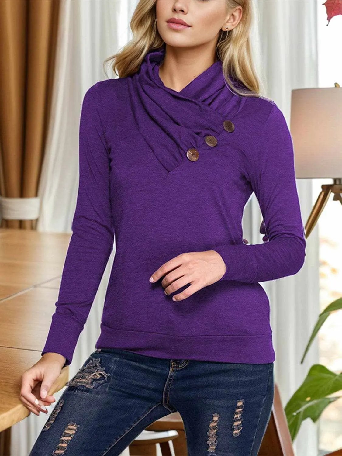 Blouses Trendsi Mock Neck Blouse Women's Elegant Buttoned Long Sleeve Top Chic Design