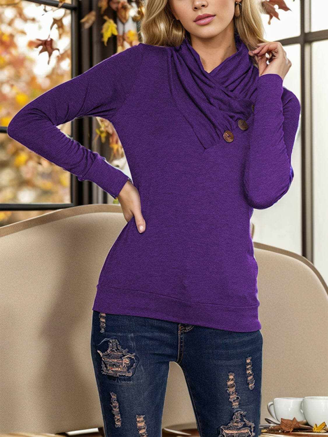 Blouses Trendsi Mock Neck Blouse Women's Elegant Buttoned Long Sleeve Top Chic Design