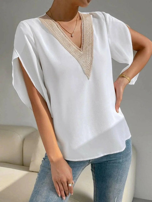 Blusa - Elegante de cuello en V y manga corta - Top versátil