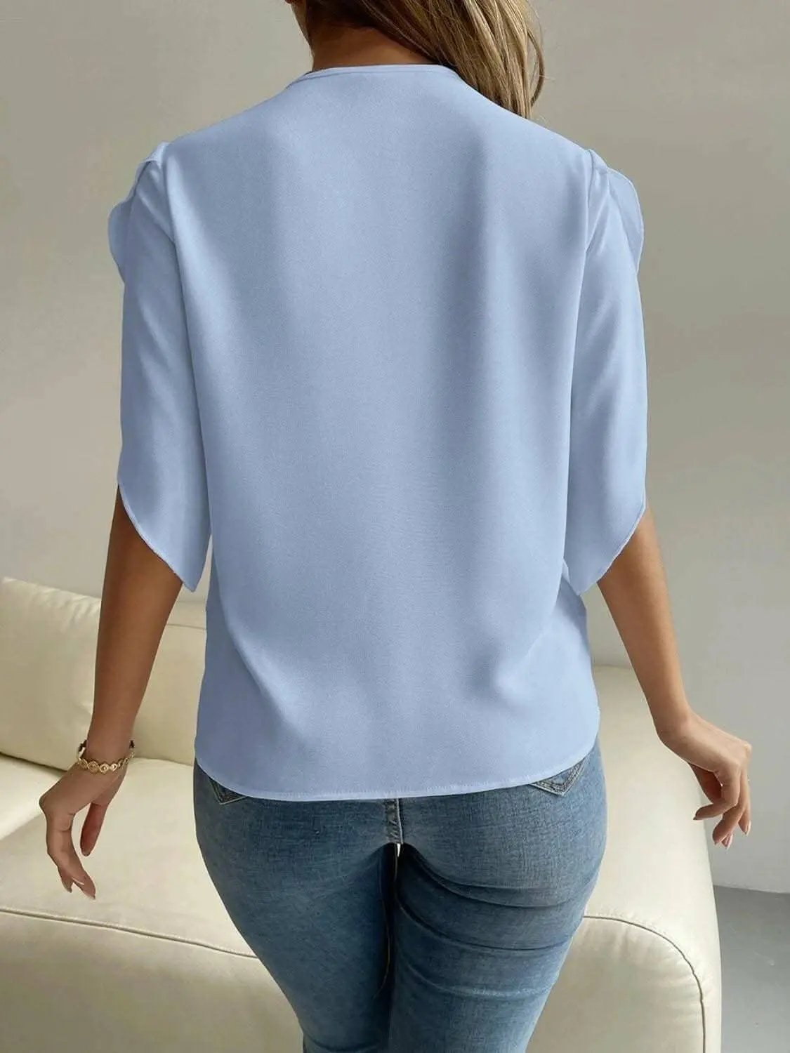 Blouse - Elegant V-Neck Short Sleeve - Versatile Top