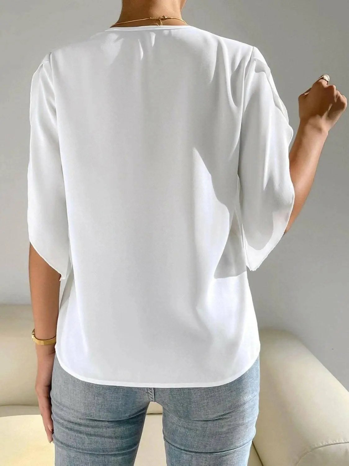 Blouse - Elegant V-Neck Short Sleeve - Versatile Top