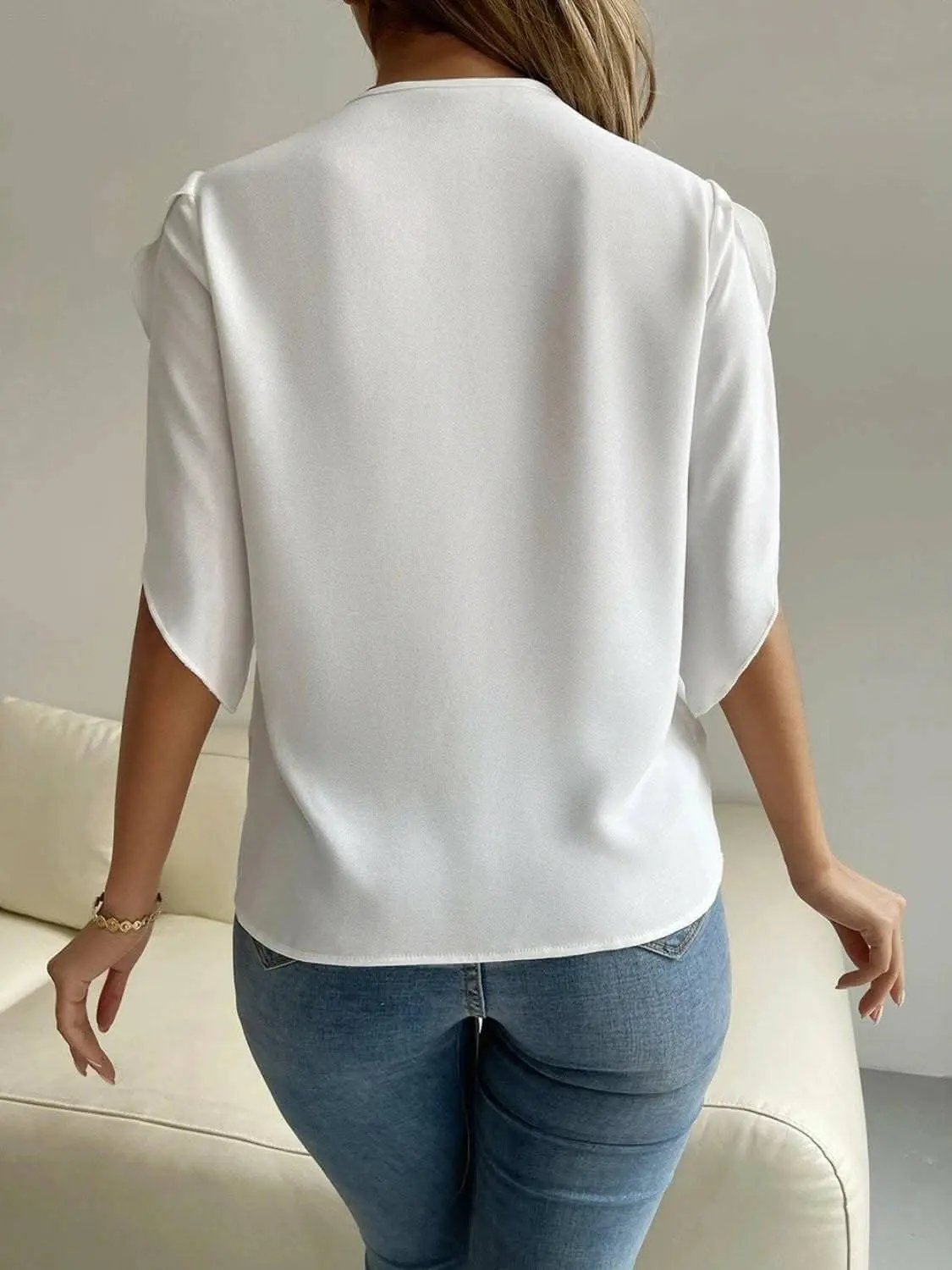Blouse - Elegant V-Neck Short Sleeve - Versatile Top