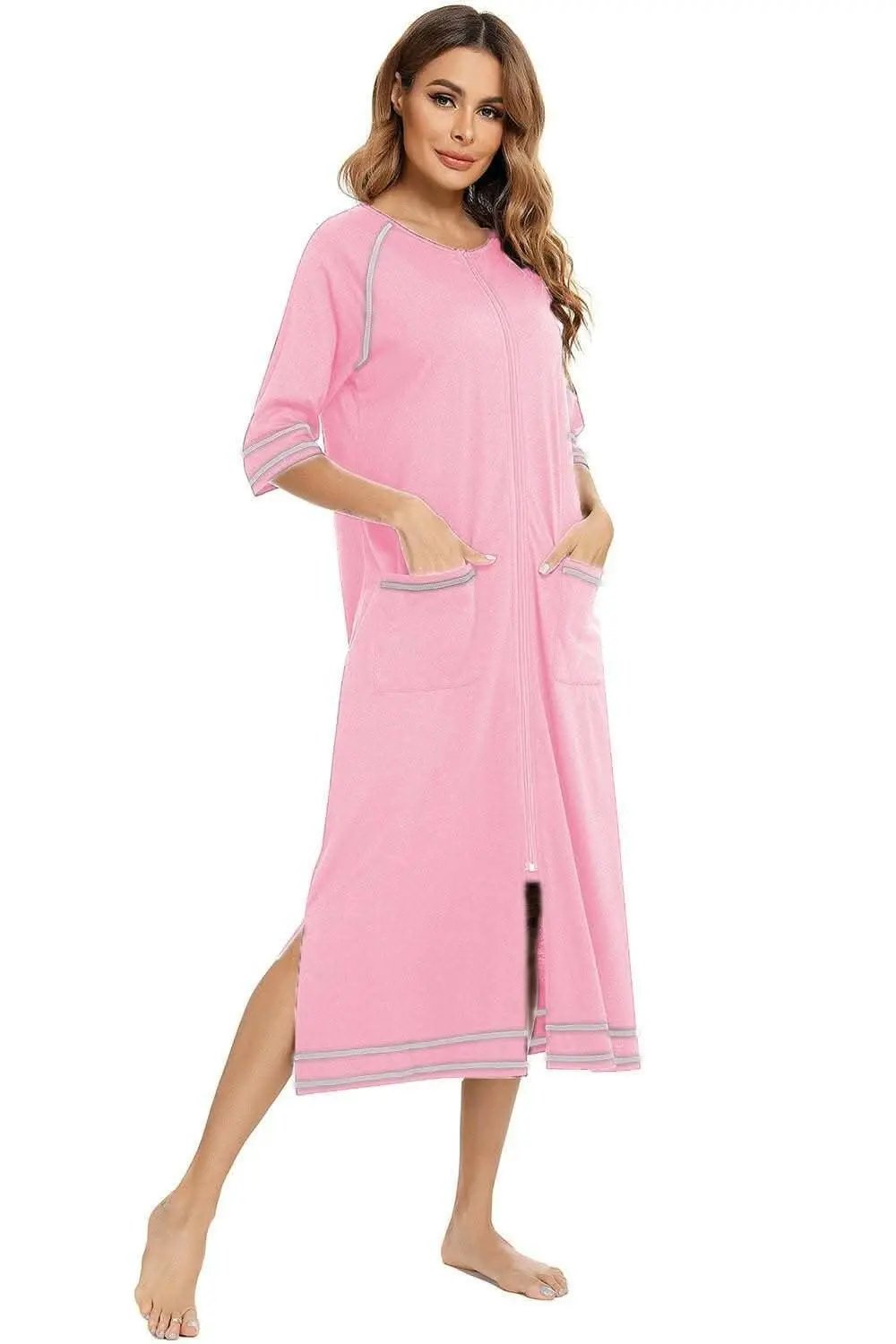 Elegant Zip Night Dress - With Pockets - Comfortable Style