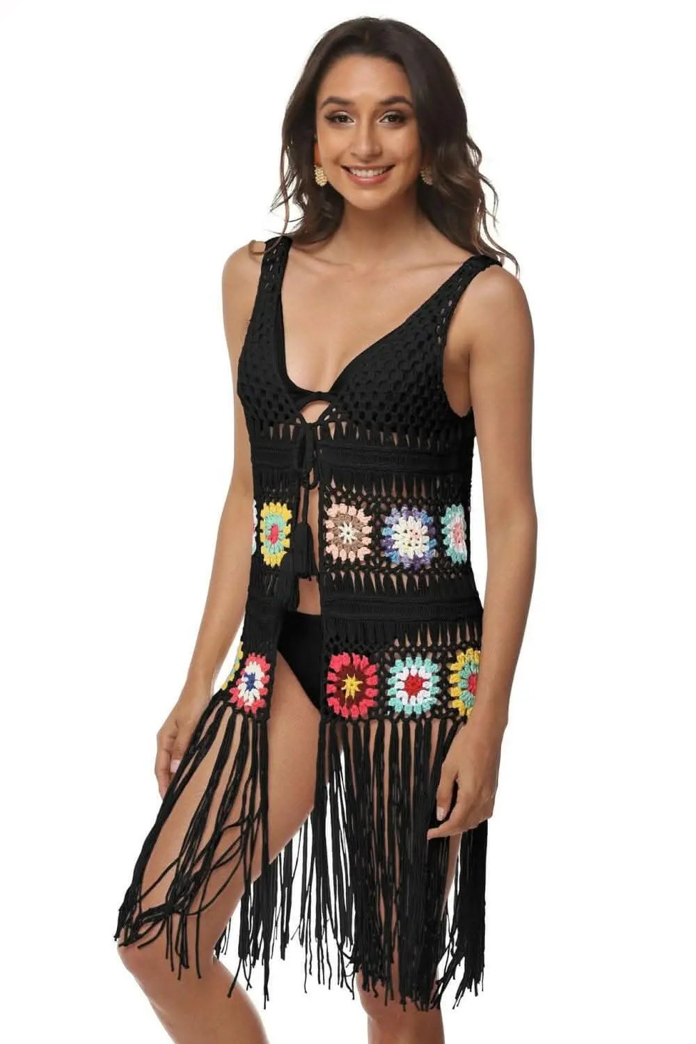 T-Shirts Trendsi swimwear - Embroidered beach cover-up with fringe