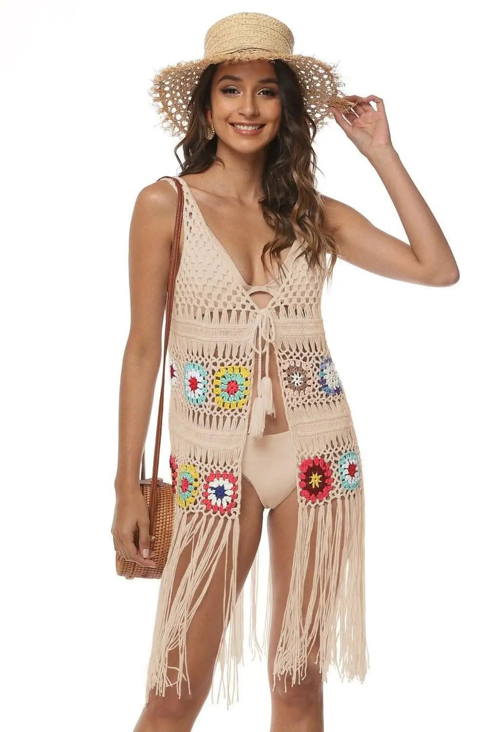 T-Shirts Trendsi swimwear - Embroidered beach cover-up with fringe