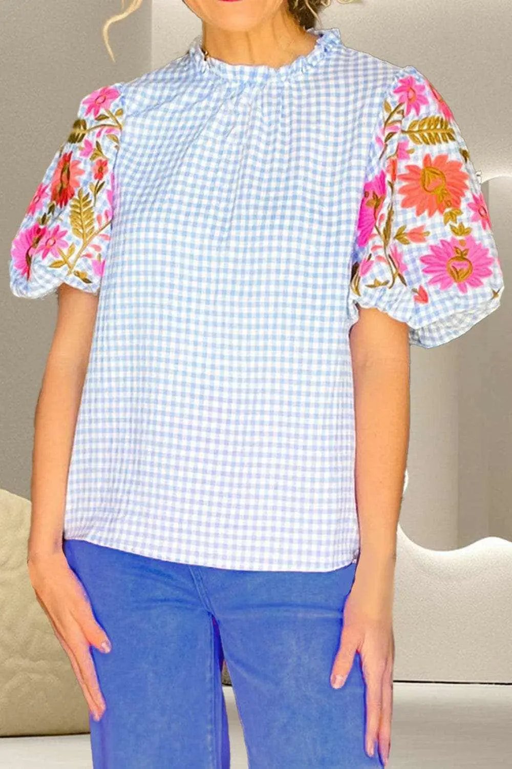 T-Shirts Trendsi just arrived - Trendsi Embroidered plaid cotton blouse