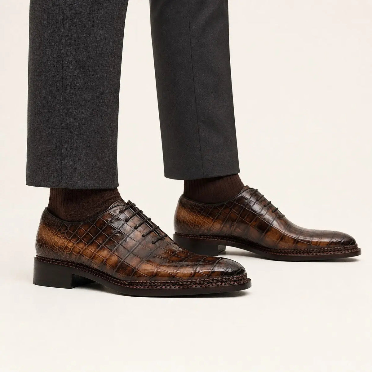 Brown Crocodile Leather Oxford Shoes