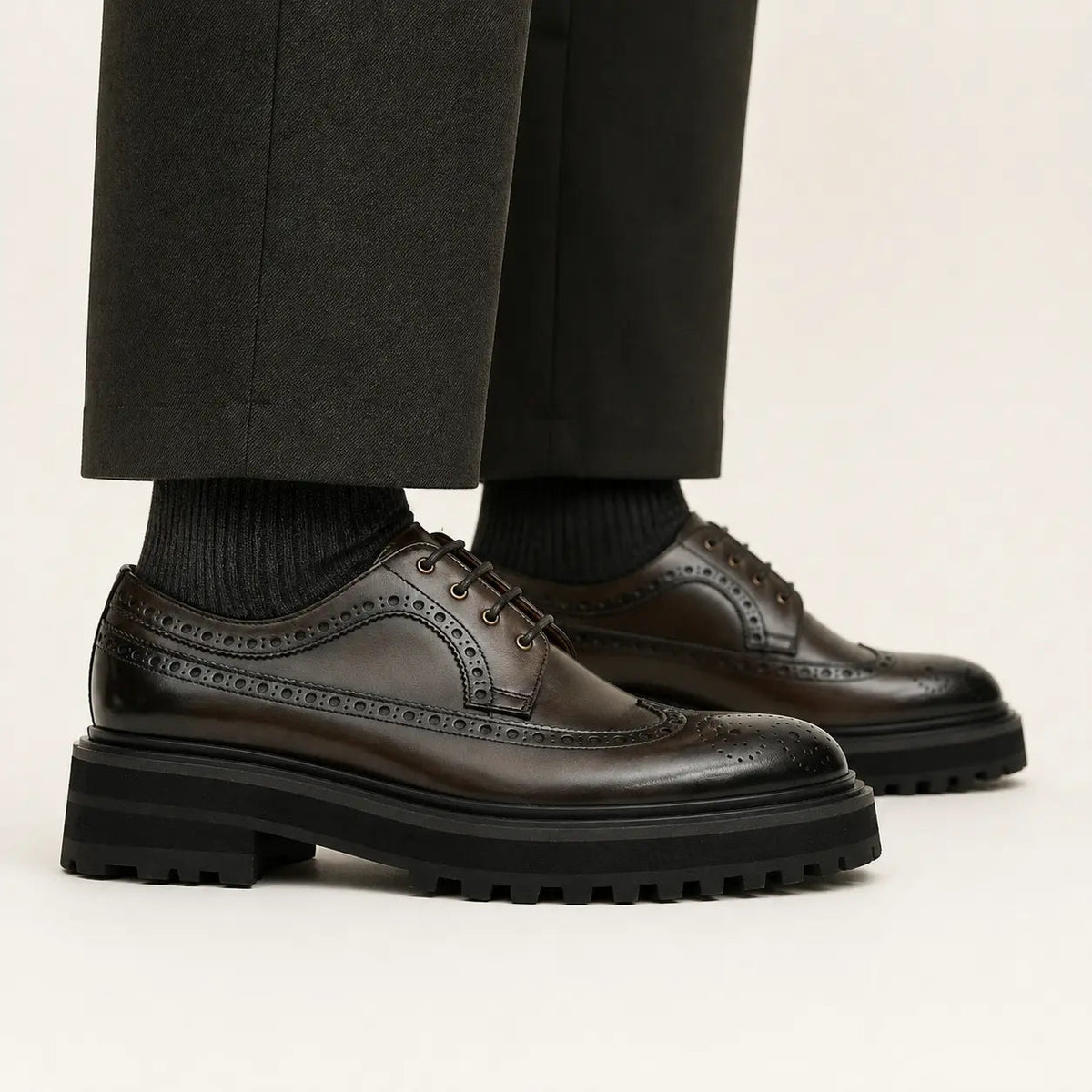Dark Brown Wingtip Calf Leather Derby Shoes