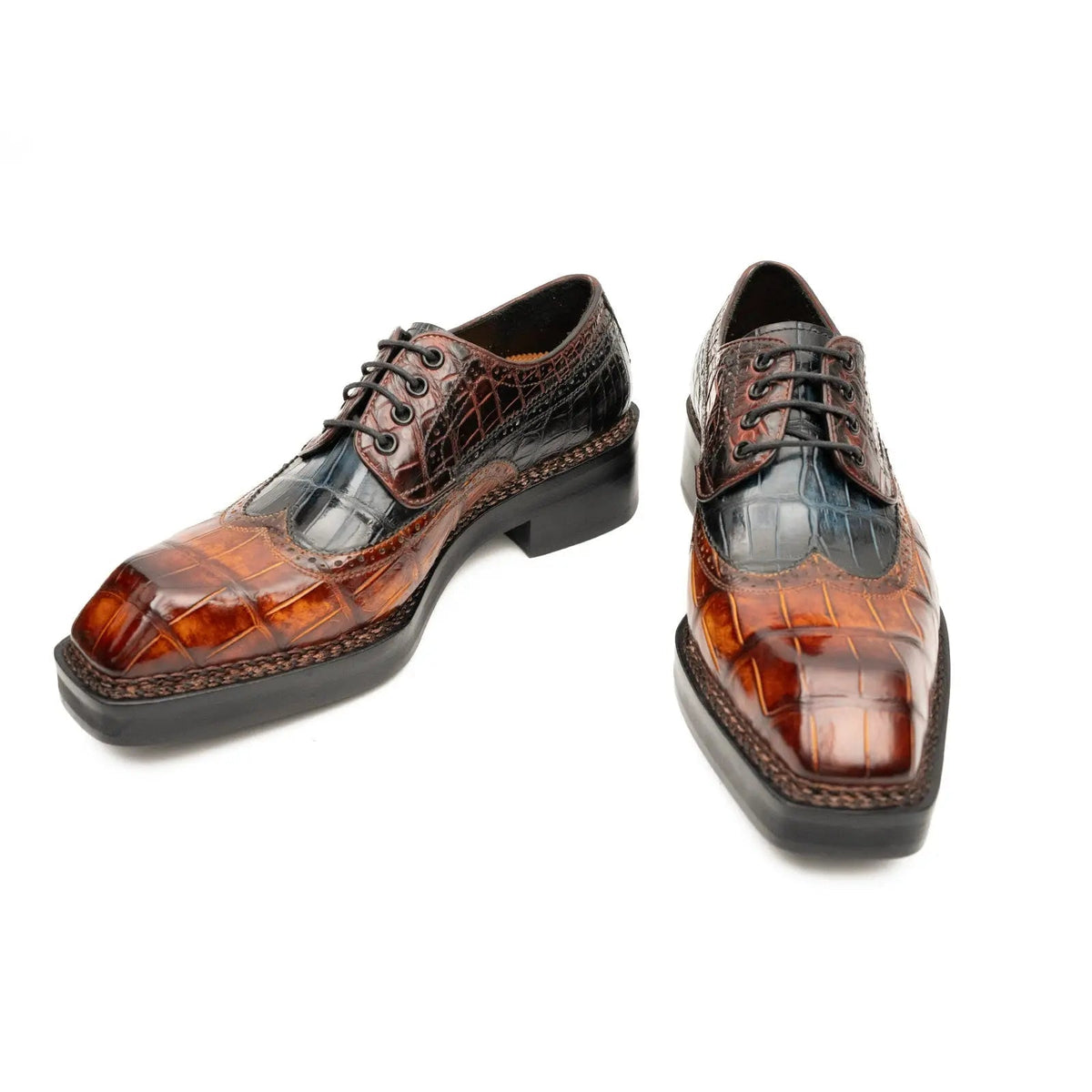 Brown-Black Wingtip Crocodile Leather Derby Shoes