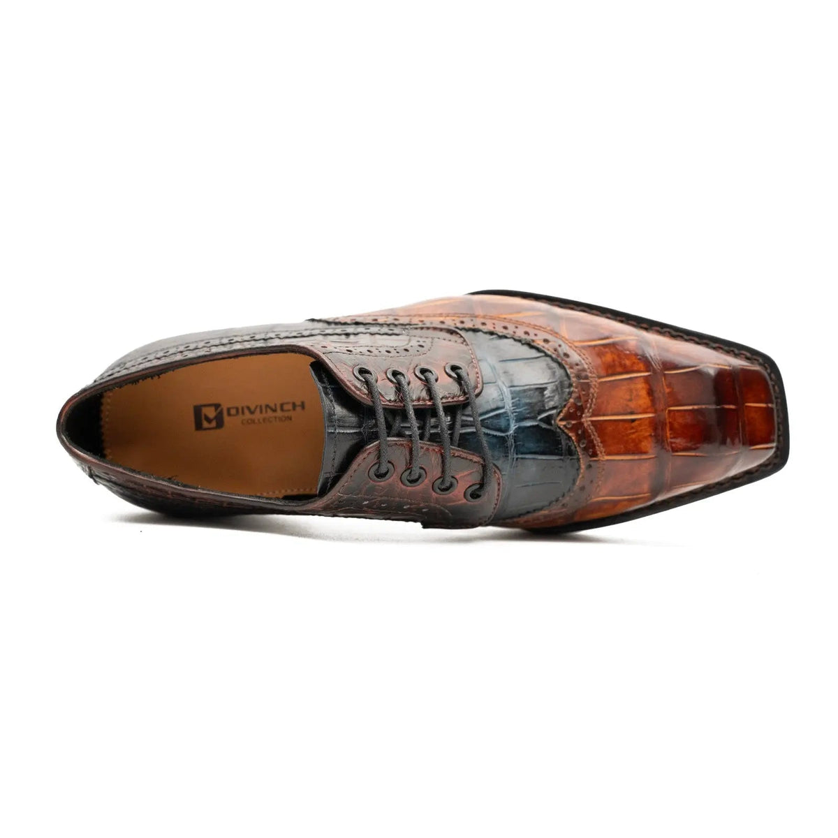 Brown-Black Wingtip Crocodile Leather Derby Shoes