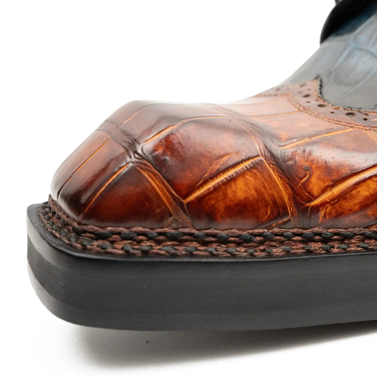 Brown-Black Wingtip Crocodile Leather Derby Shoes