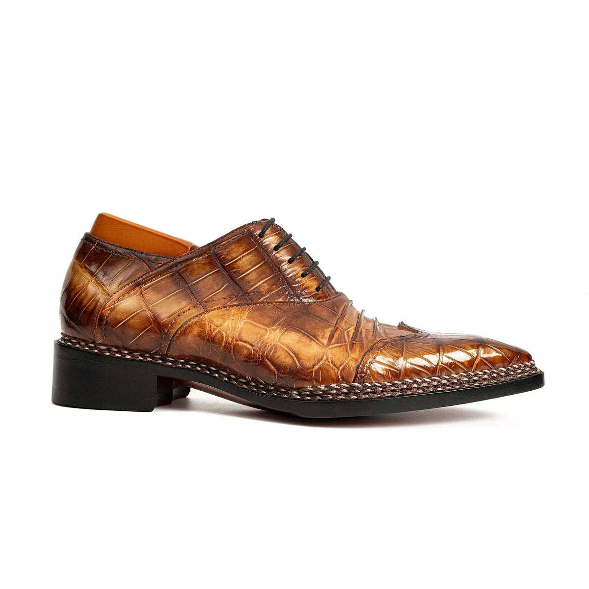 Brown Square-Toe Crocodile Leather Oxford Shoes