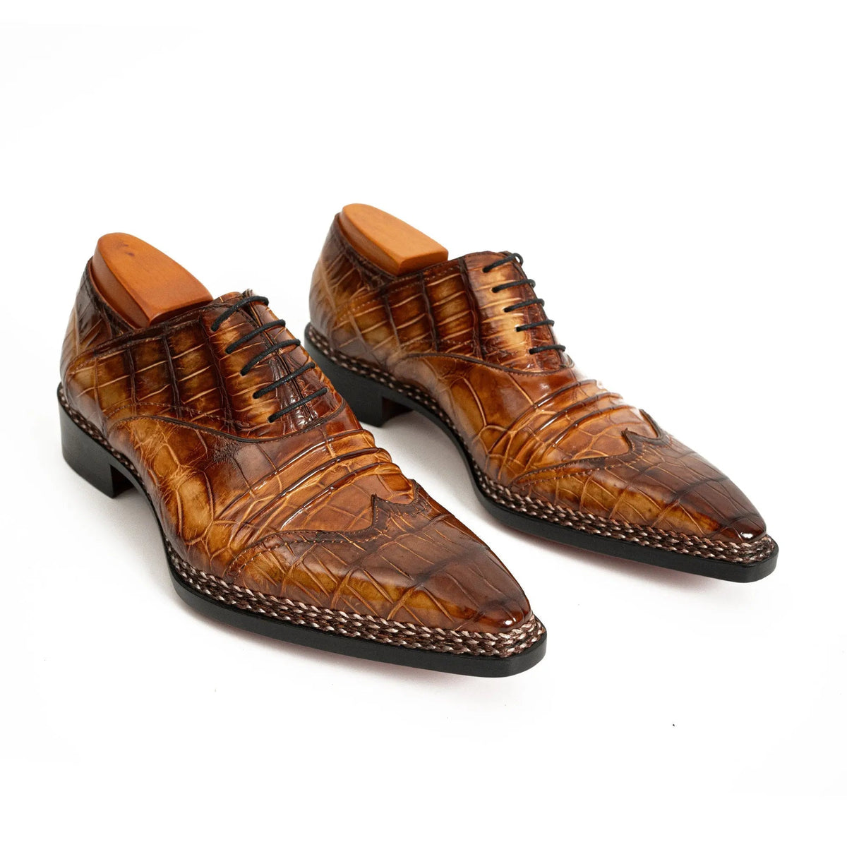 Brown Square-Toe Crocodile Leather Oxford Shoes