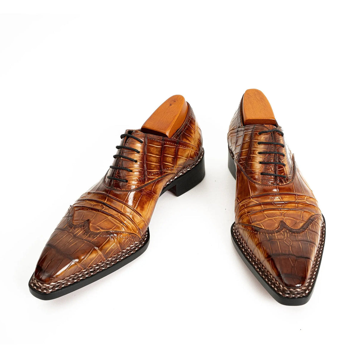 Brown Square-Toe Crocodile Leather Oxford Shoes