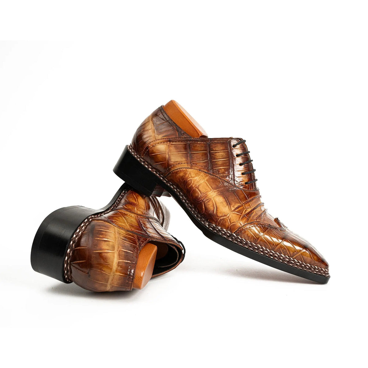Brown Square-Toe Crocodile Leather Oxford Shoes