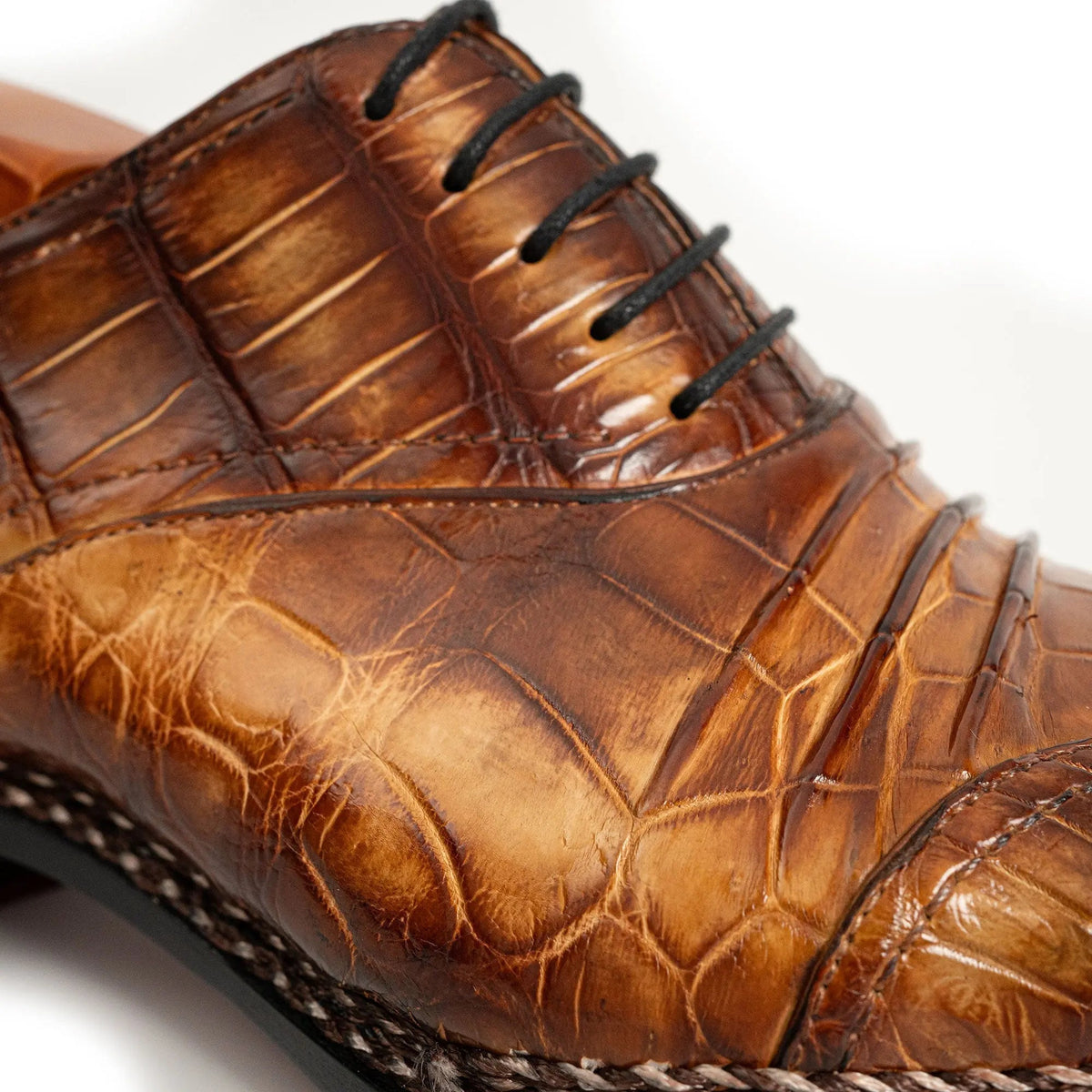 Brown Square-Toe Crocodile Leather Oxford Shoes