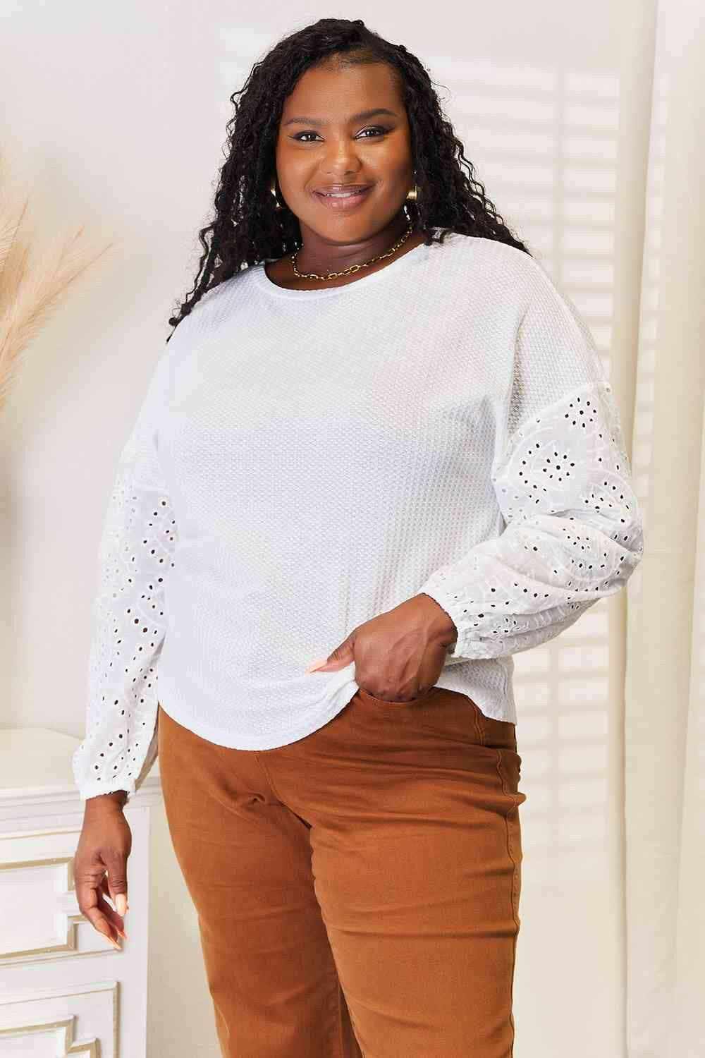 Trendsi Eyelet Drop Shoulder Blouse Relaxed Fit Women's